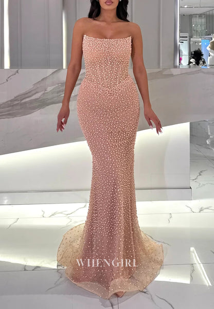 Pearl Pinck Strapless Off Shoulder Beaded Lace Mermaid Evening Formal Dress