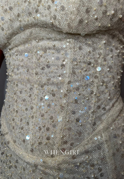 Beige Tube Top Sleeveless Strapless Sequins Side Slit Evening Prom Dress