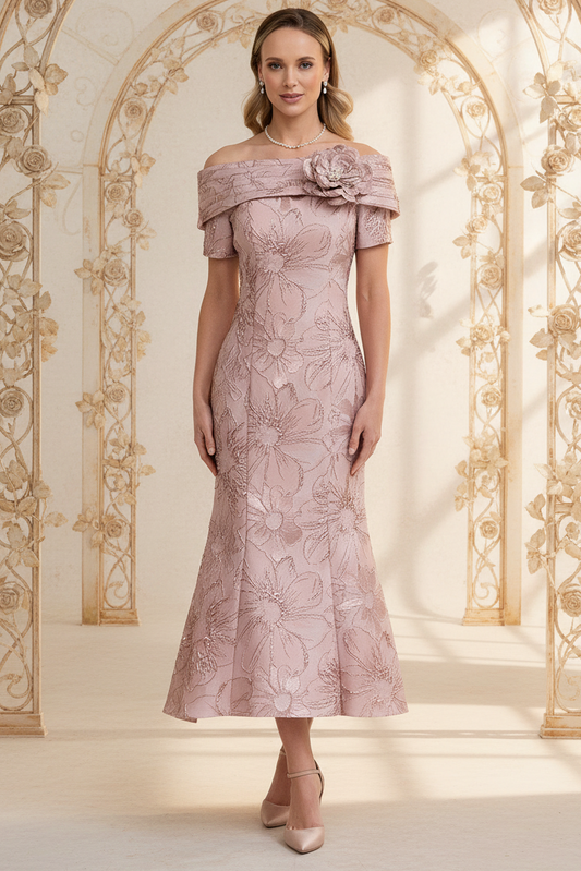 Trumpet Off Shoulder Floral Pink Mother of the Bride Dress