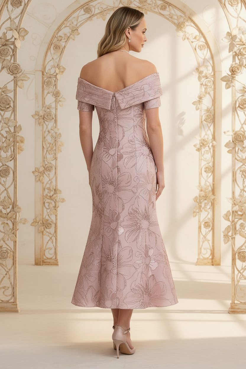 Trumpet Off Shoulder Floral Pink Mother of the Bride Dress