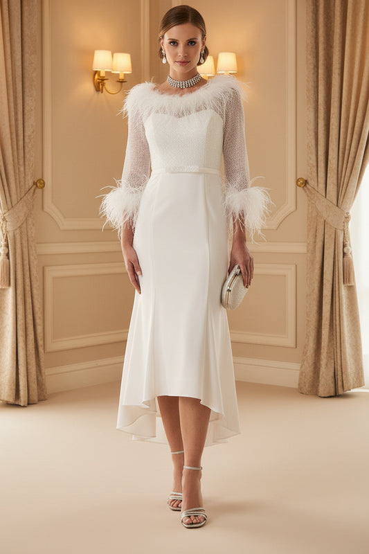 Ivory Bateau Neck Half Sleeves Feather Trumpet Mother of the Bride Dress