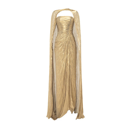 Strapless Pleated Dress With Slit And Detachable Cape