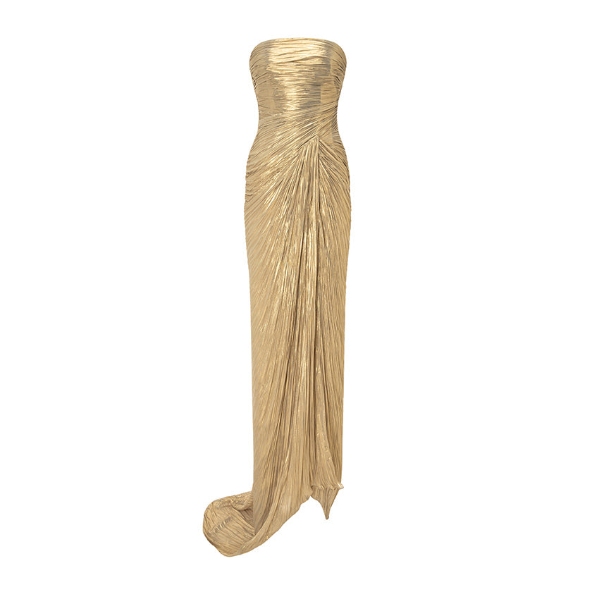 Strapless Pleated Dress With Slit And Detachable Cape