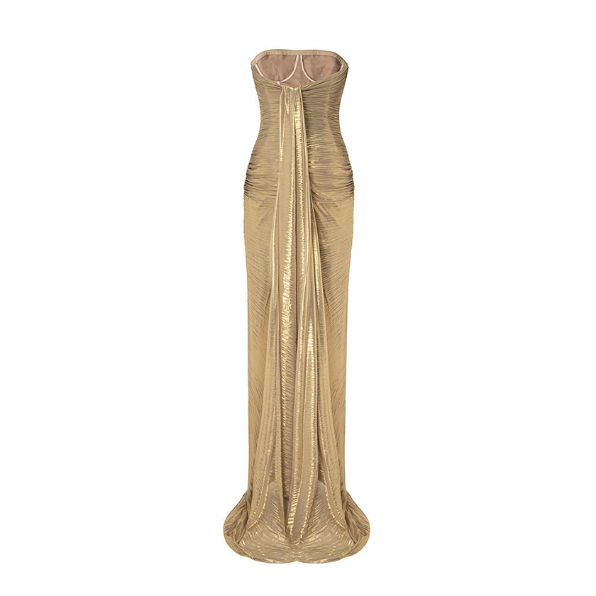Strapless Pleated Dress With Slit And Detachable Cape