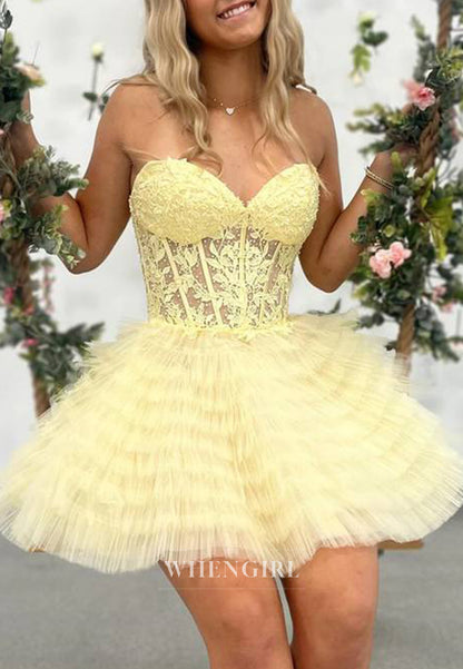 Sweetheart Strapless Appliqued Lace Tiered Tulle Lace Up A-Line Homecoming Dress