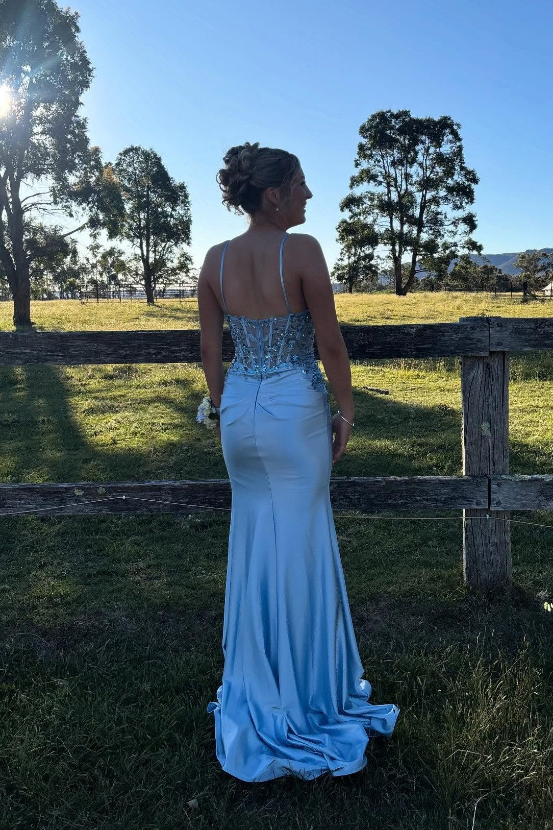 Ice Blue Sequin Appliques Mermaid Long Dress with Slit