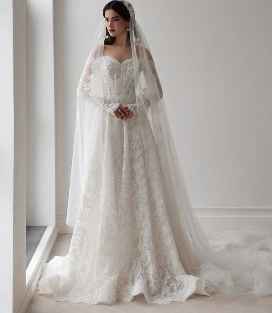 Elegant Long Sleeves Off Shoulder Lace Wedding Dress  with Train