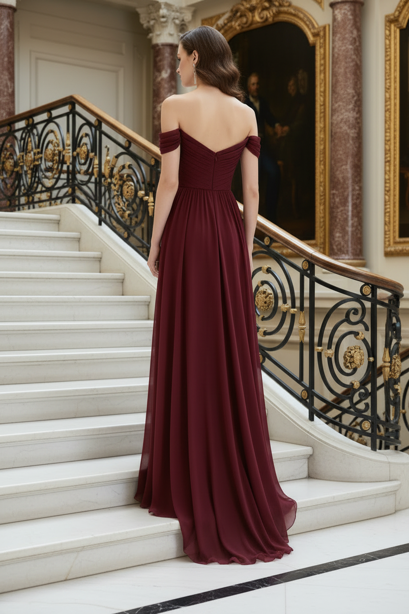 Burgundy Off Shoulder Ruched Chiffon Formal Dress
