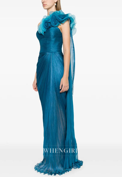 One Shoulder Floral Ruched Sheath Evening Dress