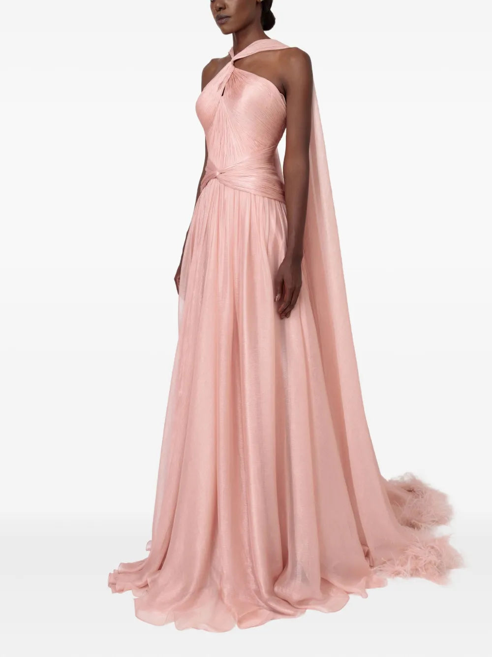 Pink Cross Neck Sleeveless Feathers Evening Formal Dress with Cape