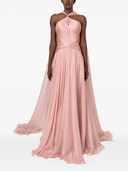 Pink Cross Neck Sleeveless Feathers Evening Formal Dress with Cape