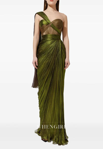 One Shoulder Sheath Sleeveless Pleated Side Slit Formal Evening Dress