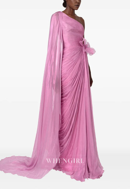 Pink Sheath One Shoulder Flower Ruched Back Zipper Evening Formal Dress