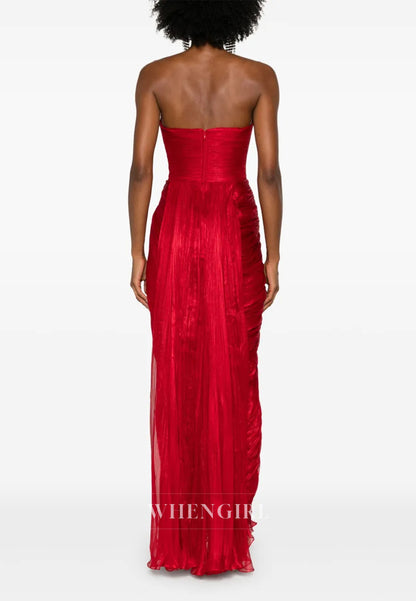 Scoop Neck Sleevelss Strapless Pleated Long Formal Evening Dress