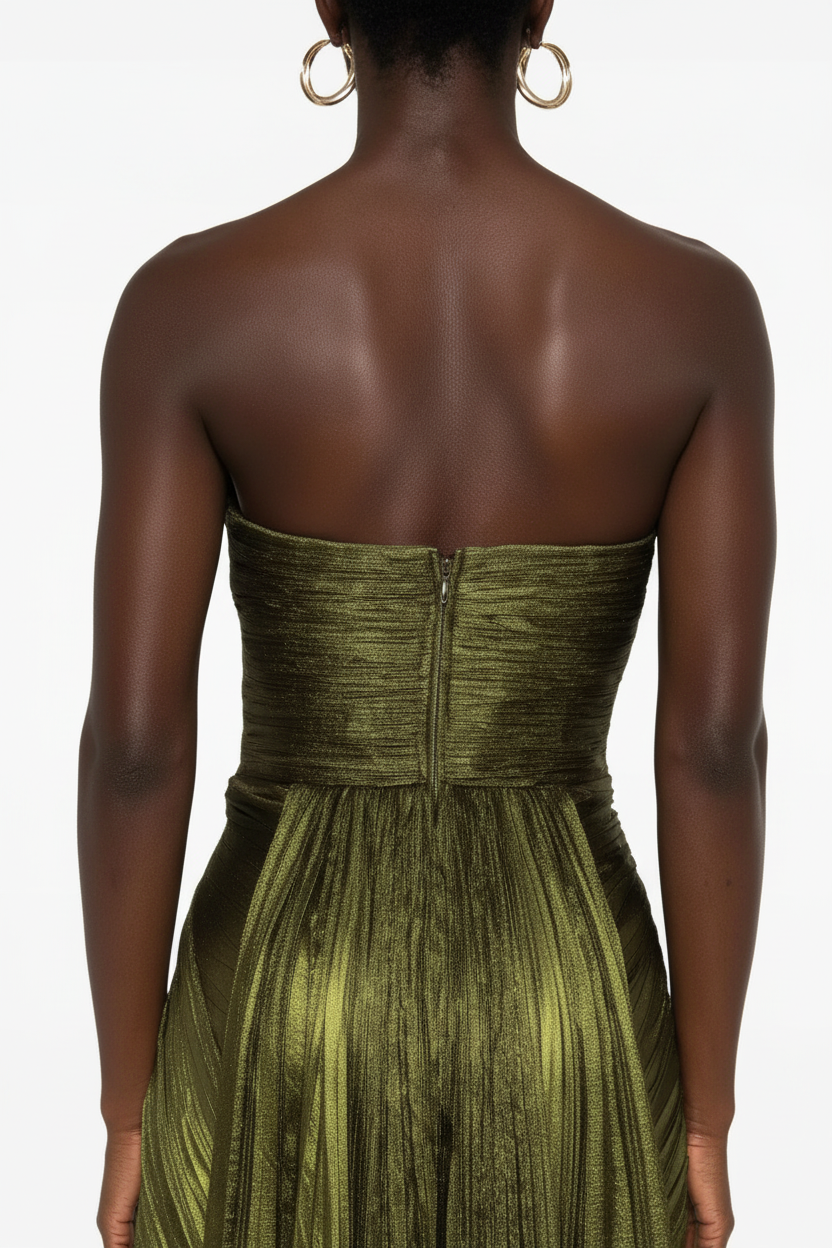 Scoop Neck Sleevelss Strapless Pleated Long Formal Evening Dress