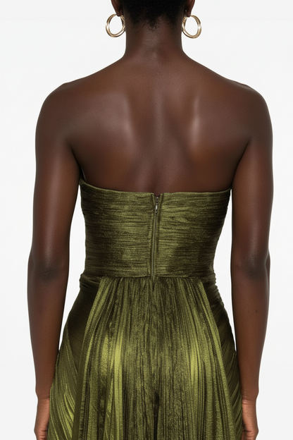 Scoop Neck Sleevelss Strapless Pleated Long Formal Evening Dress