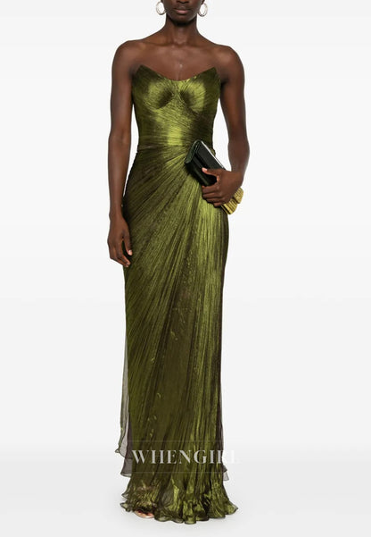 Scoop Neck Sleevelss Strapless Pleated Long Formal Evening Dress