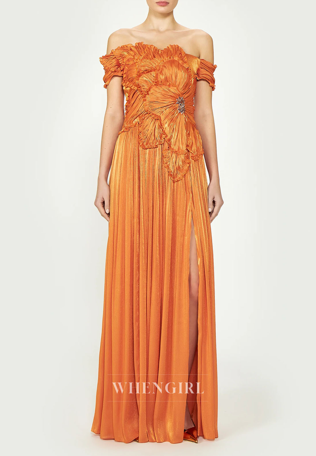 Orange Pleated Floral Side Slit Off Shoulder Column Evening Formal Dress