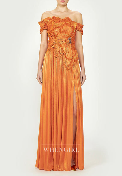 Orange Pleated Floral Side Slit Off Shoulder Column Evening Formal Dress