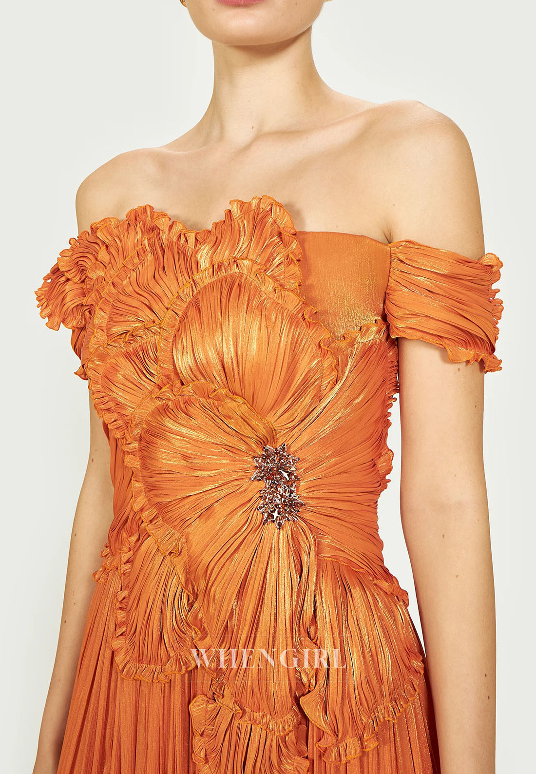 Orange Pleated Floral Side Slit Off Shoulder Column Evening Formal Dress