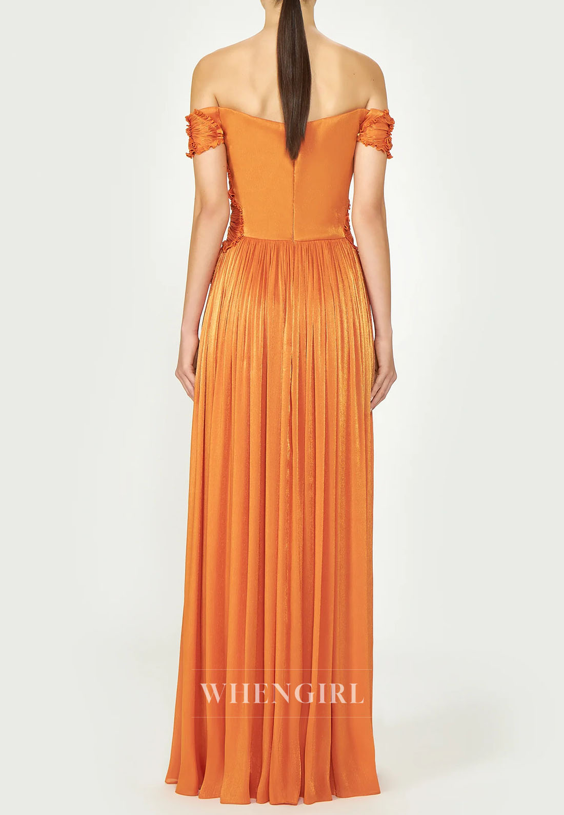 Orange Pleated Floral Side Slit Off Shoulder Column Evening Formal Dress