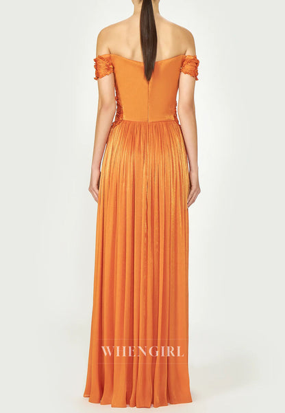 Orange Pleated Floral Side Slit Off Shoulder Column Evening Formal Dress