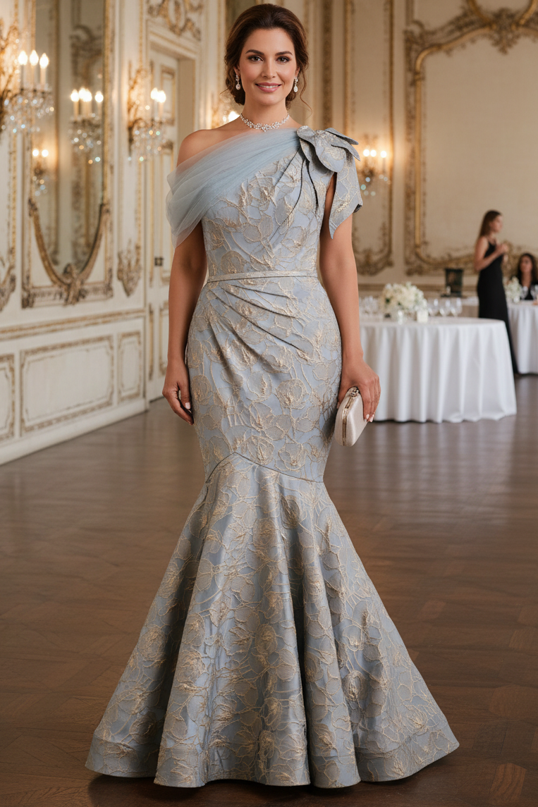 Asymmetrical Bowknot Floral Mermaid Back Zipper Mother of the Bride Dress