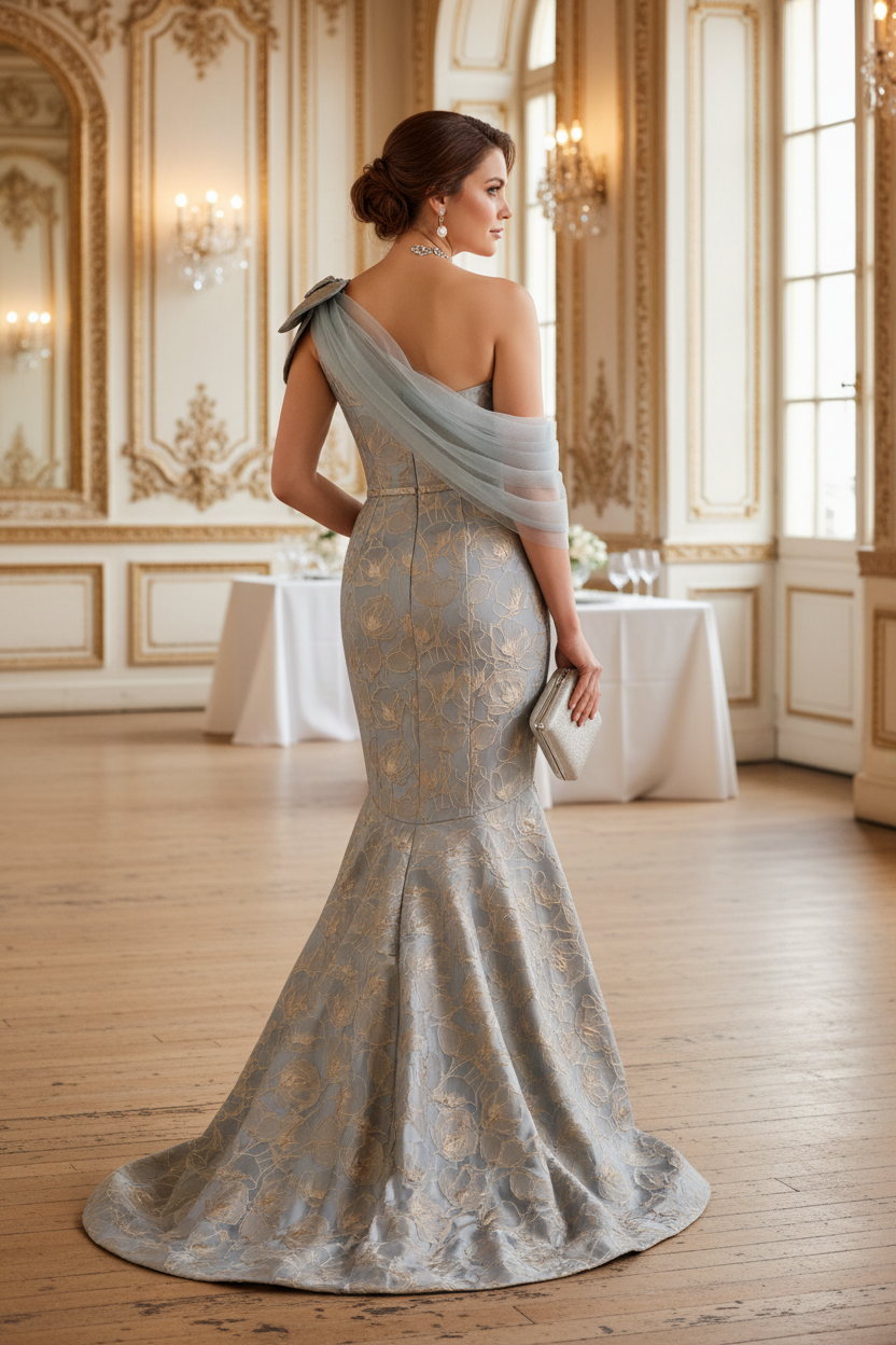 Asymmetrical Bowknot Floral Mermaid Back Zipper Mother of the Bride Dress