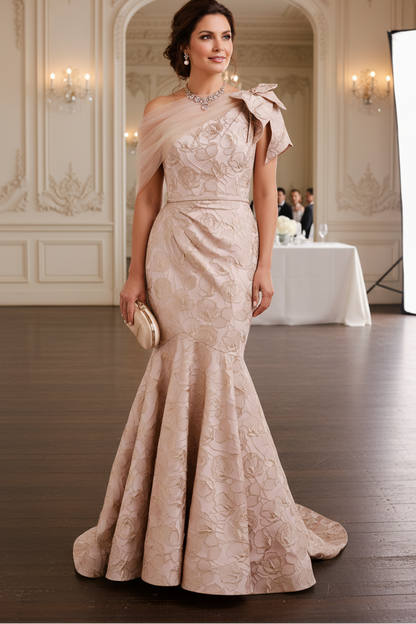 Asymmetrical Bowknot Floral Mermaid Back Zipper Mother of the Bride Dress