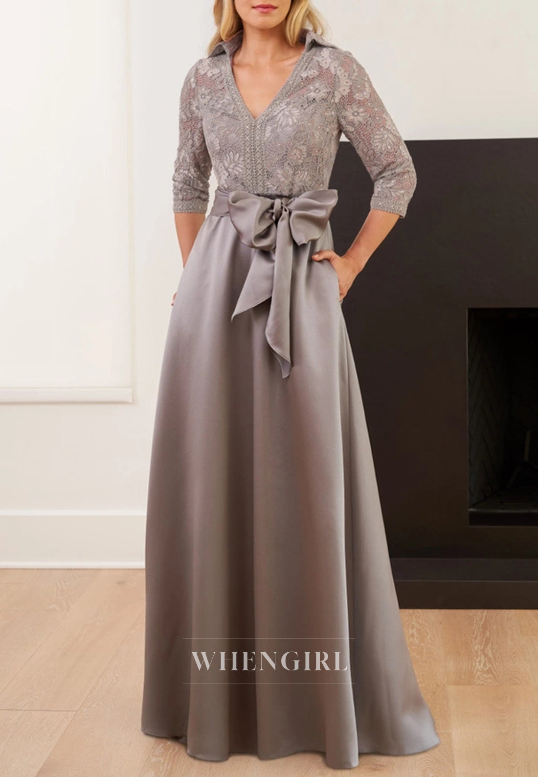 Gray 3/4 Sleeves V Neck A-Line Back Zipper Mother of the Bride Dress