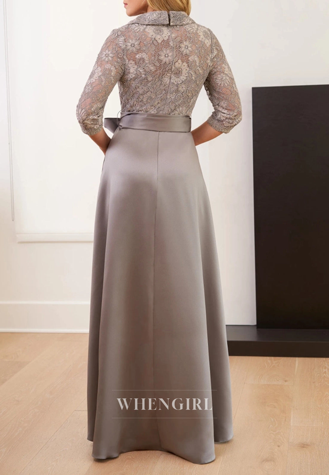 Gray 3/4 Sleeves V Neck A-Line Back Zipper Mother of the Bride Dress