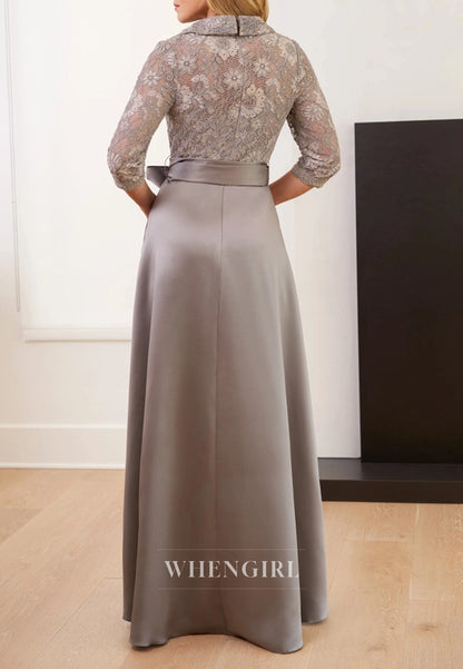 Gray 3/4 Sleeves V Neck A-Line Back Zipper Mother of the Bride Dress