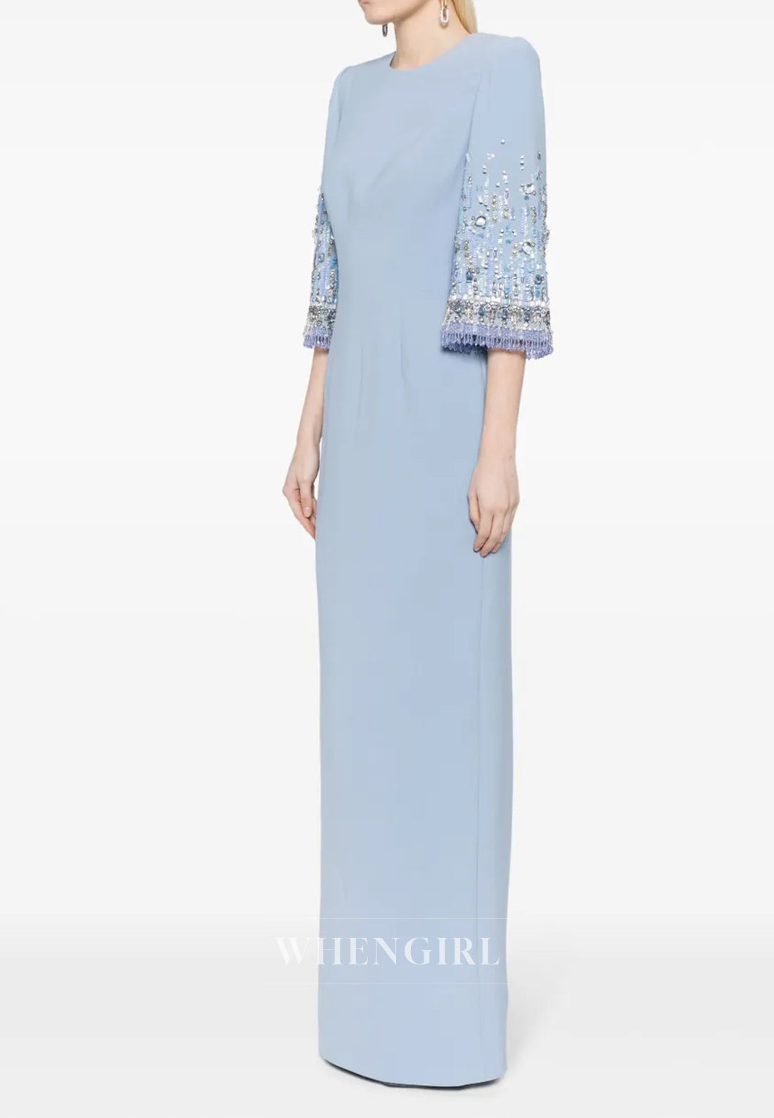 Column Bateau Neck Beaded Half Sleeves Floor Length Evening Formal Dress