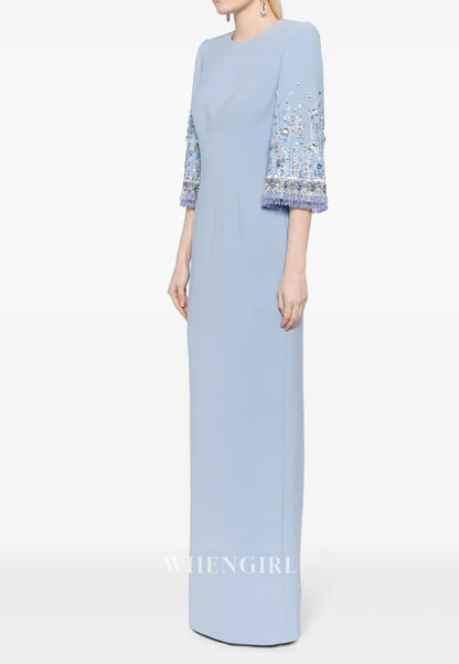 Column Bateau Neck Beaded Half Sleeves Floor Length Evening Formal Dress