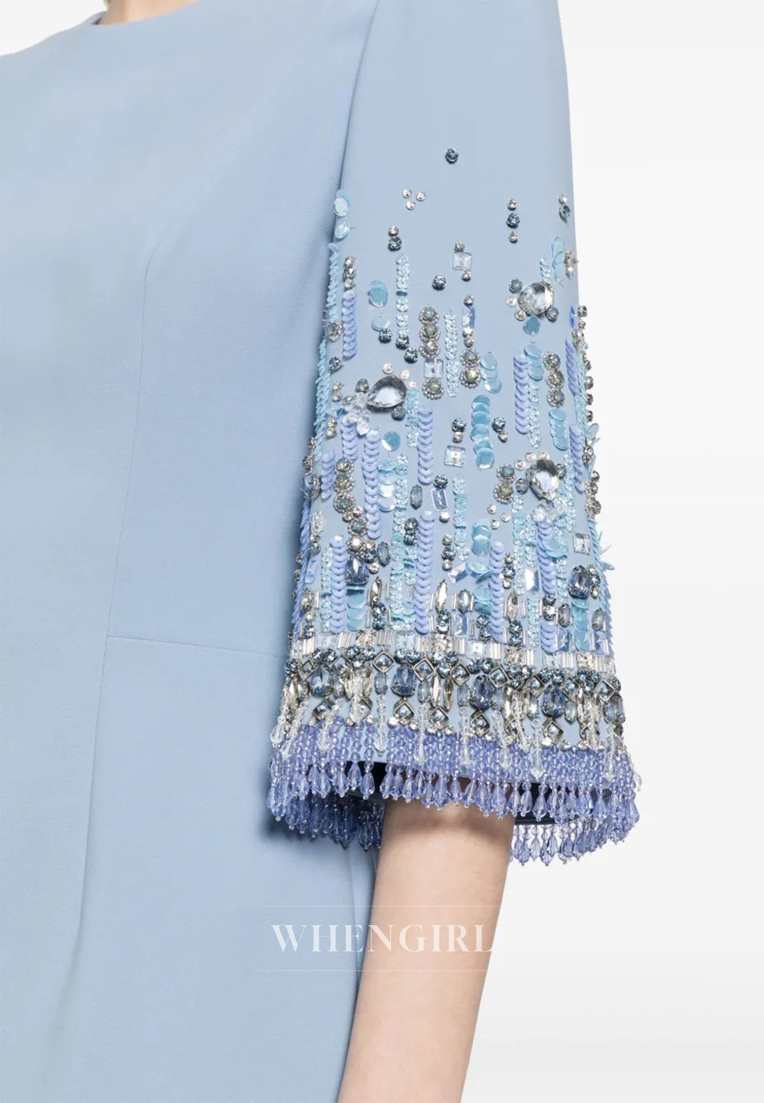 Column Bateau Neck Beaded Half Sleeves Floor Length Evening Formal Dress