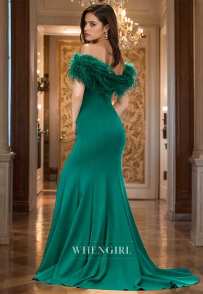 Off-Shoulder Sweetheart Sleeveless Mermaid Sweep Train Slit Prom Dress with Feather Party Dress