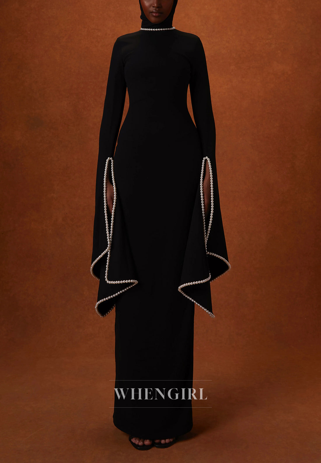 Sheath Beateau Neck Floor Length Formal Dress Long Sleeves Beaded Pearls Evening Gown