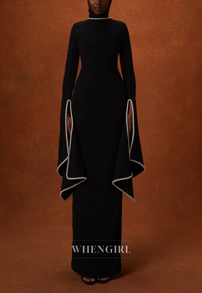 Sheath Beateau Neck Floor Length Formal Dress Long Sleeves Beaded Pearls Evening Gown