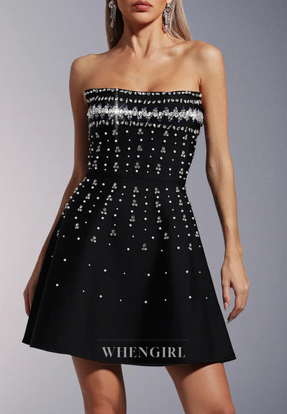 Black Rhinestones Beading Tube Top Back Zipper A-Line Short Homecoming Dress
