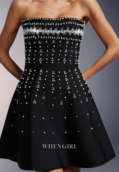 Black Rhinestones Beading Tube Top Back Zipper A-Line Short Homecoming Dress