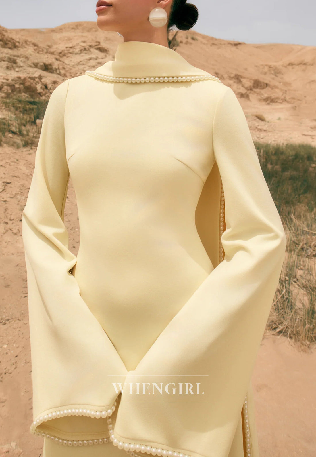 Column Bateau Neck Long Sleeves Pearl Beading Evening Dress with Scarf