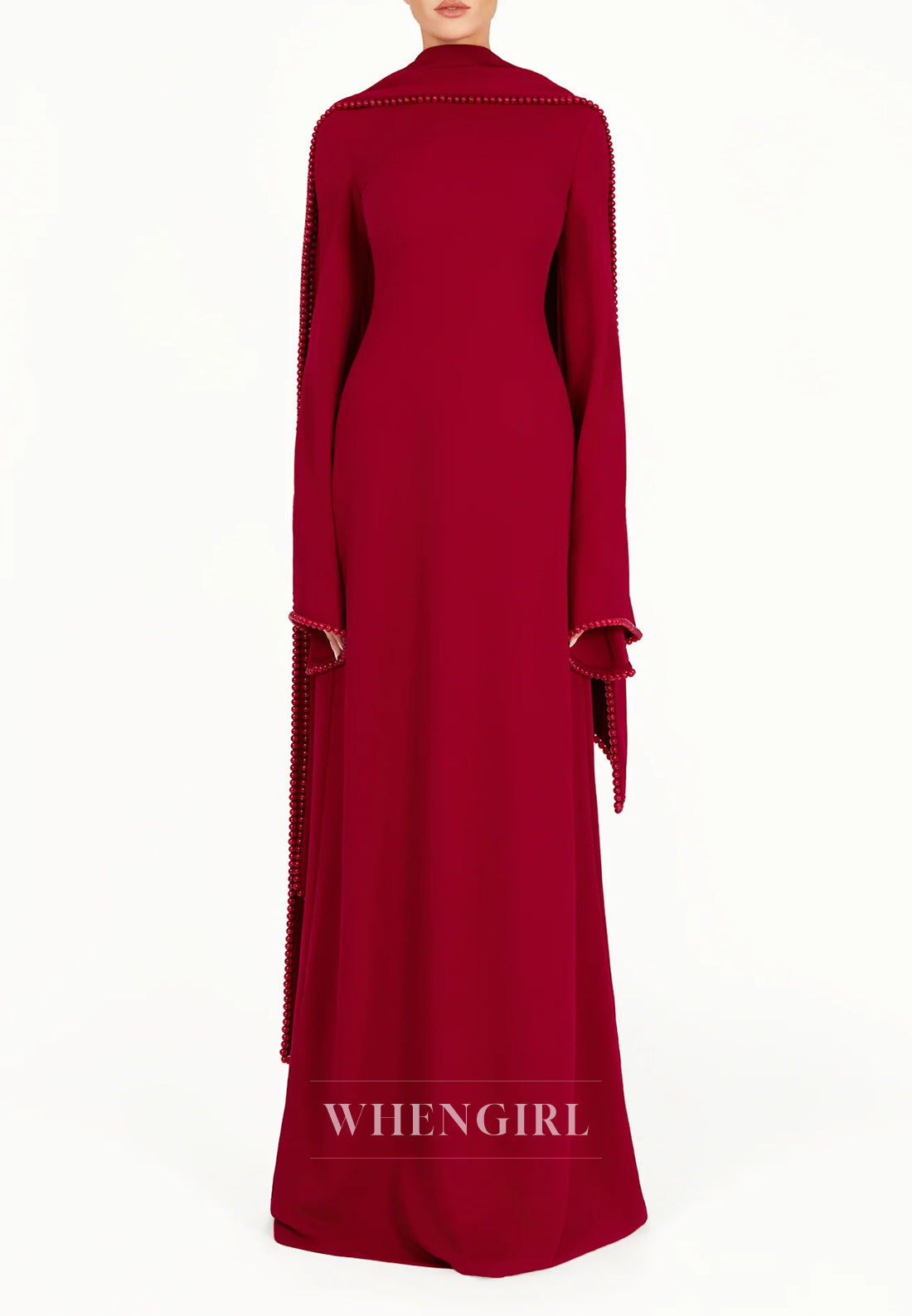 Column Bateau Neck Long Sleeves Pearl Beading Evening Dress with Scarf
