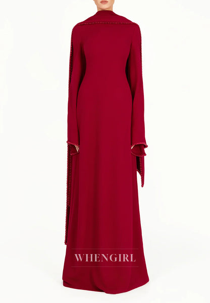 Column Bateau Neck Long Sleeves Pearl Beading Evening Dress with Scarf
