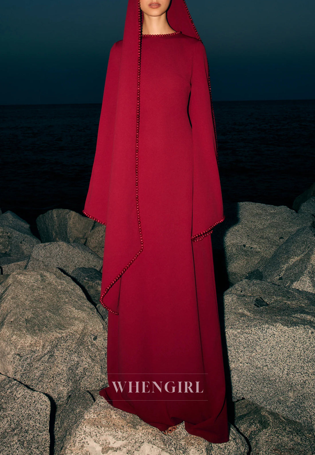 Column Bateau Neck Long Sleeves Pearl Beading Evening Dress with Scarf