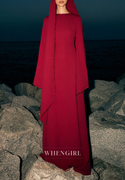 Column Bateau Neck Long Sleeves Pearl Beading Evening Dress with Scarf