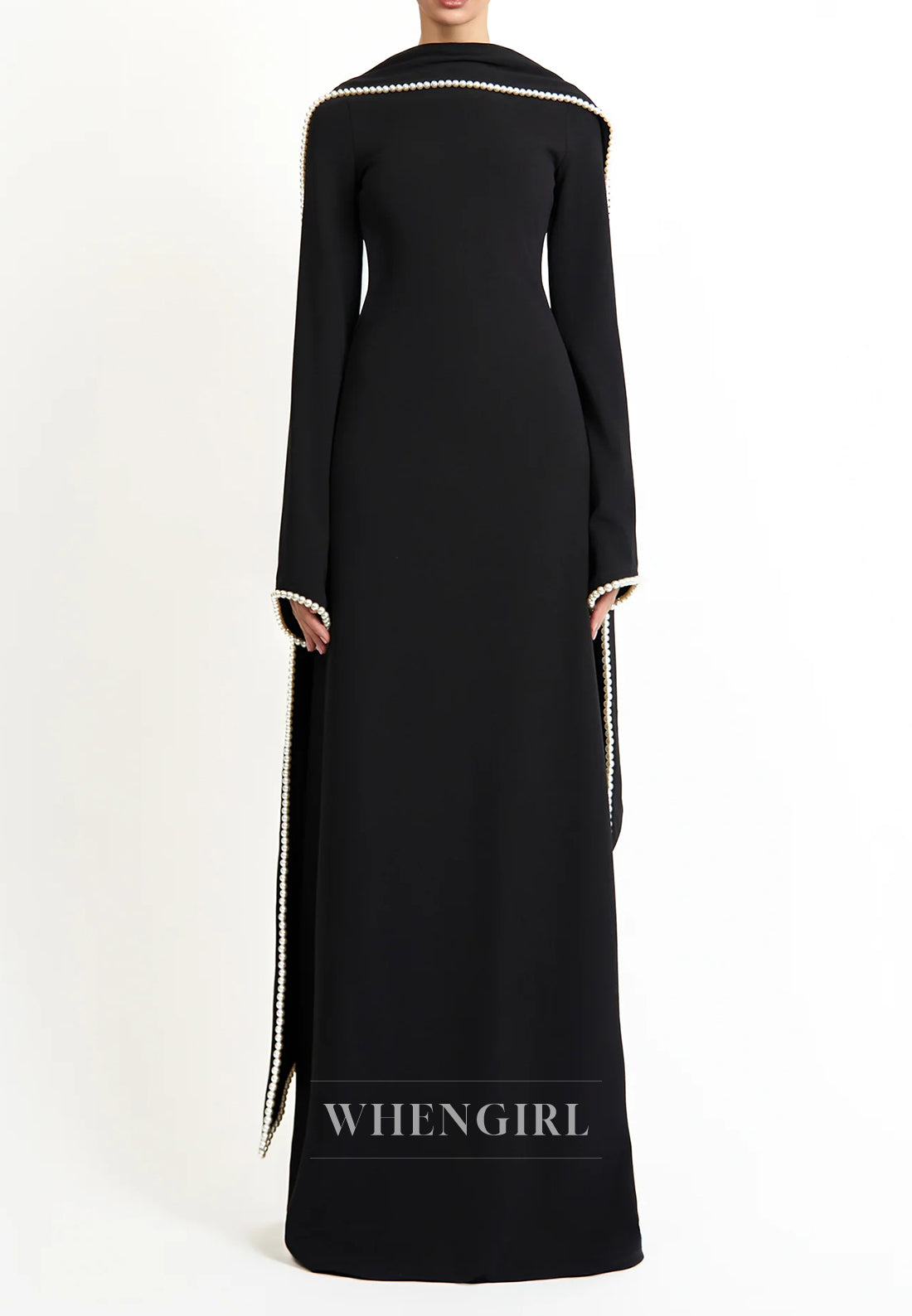 Column Bateau Neck Long Sleeves Pearl Beading Evening Dress with Scarf