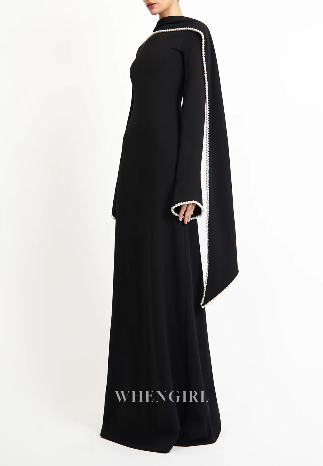 Column Bateau Neck Long Sleeves Pearl Beading Evening Dress with Scarf