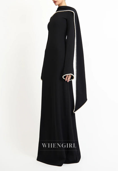 Column Bateau Neck Long Sleeves Pearl Beading Evening Dress with Scarf