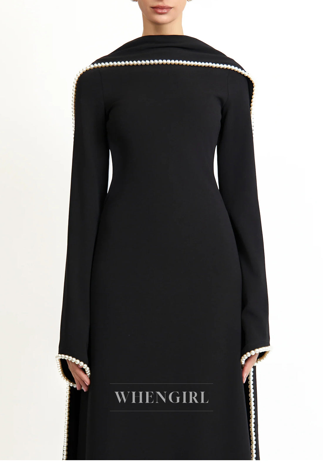 Column Bateau Neck Long Sleeves Pearl Beading Evening Dress with Scarf