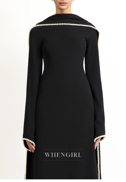 Column Bateau Neck Long Sleeves Pearl Beading Evening Dress with Scarf